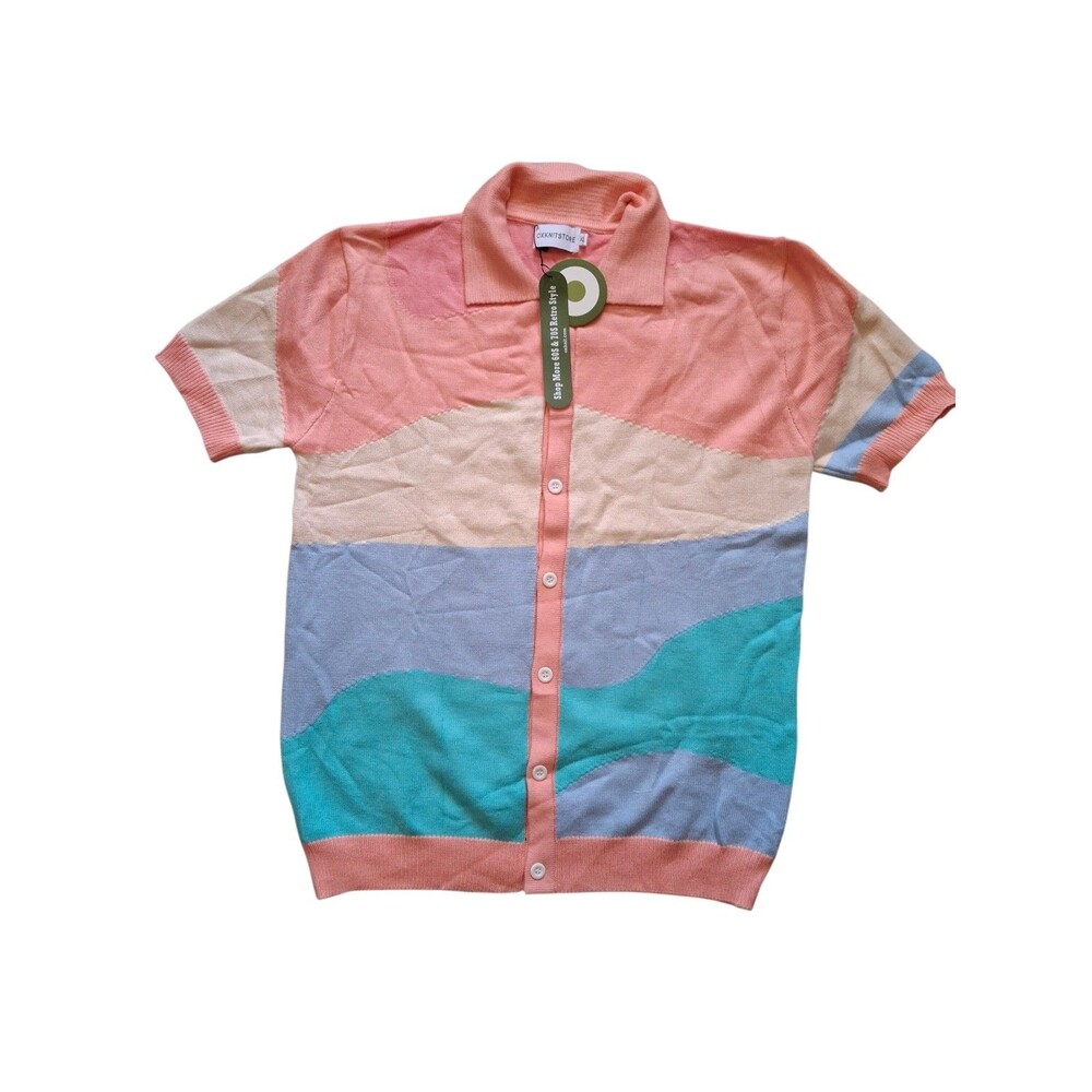 NWT OxKnit  Sweater Mens XL 70s Retro Pastel Cardigan Polo Stripe Button Shirt